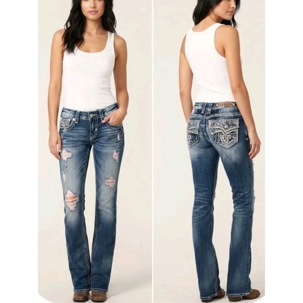Rock Revival Womens 30 Mid Rise Bootcut Distressed Jeans Denim Blue Wash...